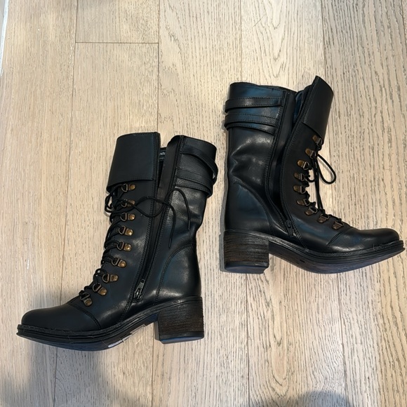 Combat boots black leather block heel 7 - Picture 2 of 3